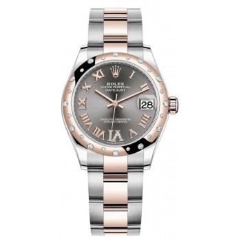 Réplique Rolex Datejust 31 Montre pour femme en acier inoxydable et pavé d'ardoise en or rose avec cadran romain et lunette en diamant bombée M278341RBR-0029