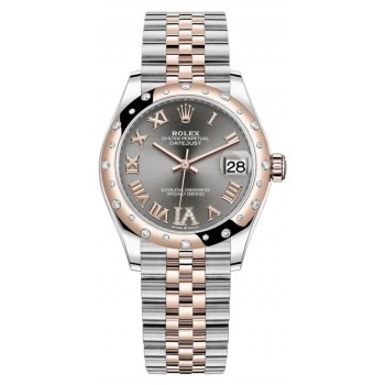 Réplique Rolex Datejust 31 Montre pour femme en acier inoxydable et pavé d'ardoise en or rose avec cadran romain et lunette en diamant bombée M278341RBR-0030