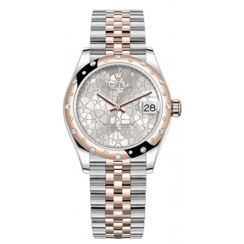 Réplique Rolex Datejust 31 Montre pour femme en acier inoxydable et or rose argenté à motif floral avec cadran en diamant et lunette en diamant bombée M278341RBR-0032