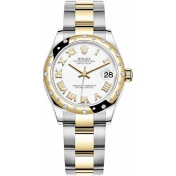 Réplique Montre pour femme Rolex Datejust 31 en acier inoxydable et or jaune, cadran romain blanc, lunette bombée en diamant, M278343RBR-0001