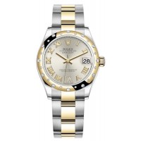 Réplique Rolex Datejust 31 Montre pour femme en acier inoxydable et or jaune, pavé d'argent, cadran romain, lunette bombée en diamant, M278343RBR-0003