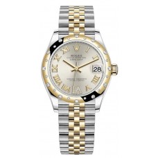 Réplique Rolex Datejust 31 Montre pour femme en acier inoxydable et or jaune, pavé d'argent, cadran romain, lunette bombée en diamant, M278343RBR-0004