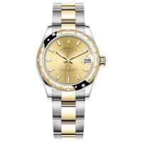 Réplique Montre pour femme Rolex Datejust 31 en acier inoxydable et or jaune avec cadran champagne et lunette bombée en diamant M278343RBR-0013