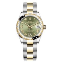 Réplique Rolex Datejust 31 Montre pour femme en acier inoxydable et or jaune à pavé vert olive avec cadran romain et lunette en diamant bombée M278343RBR-0015