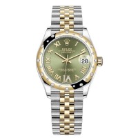 Réplique Rolex Datejust 31 Montre pour femme en acier inoxydable et or jaune à pavé vert olive avec cadran romain et lunette en diamant bombée M278343RBR-0016