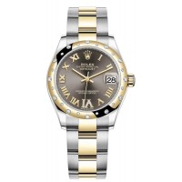 Réplique Rolex Datejust 31 Montre pour femme en acier inoxydable et or jaune, pavé gris foncé, cadran romain, lunette bombée en diamant, M278343RBR-0017