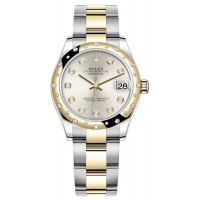 Réplique Rolex Datejust 31 Montre pour femme en acier inoxydable et or jaune avec cadran diamant argenté et lunette bombée en diamant M278343RBR-0019