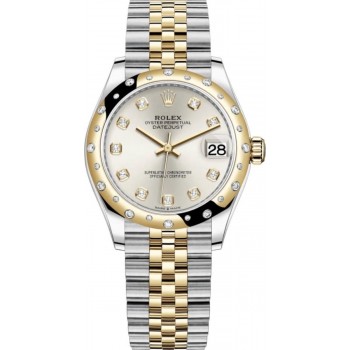 Réplique Rolex Datejust 31 Montre pour femme en acier inoxydable et or jaune et argent avec cadran en diamant bombé et lunette en diamant M278343RBR-0020