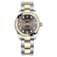 Réplique Rolex Datejust 31 Montre pour femme en acier inoxydable et or jaune avec cadran diamant gris foncé et lunette bombée en diamant M278343RBR-0021