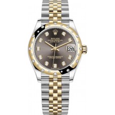 Réplique Rolex Datejust 31 Montre pour femme en acier inoxydable et or jaune avec cadran diamant gris foncé et lunette bombée en diamant M278343RBR-0022