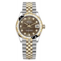 Réplique Rolex Datejust 31 Montre pour femme en acier inoxydable et or jaune en nacre noire avec cadran en diamant et lunette en diamant bombée M278343RBR-0024