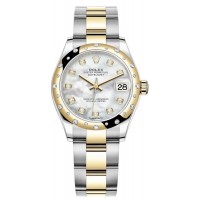 Réplique Rolex Datejust 31 Montre pour femme en acier inoxydable et or jaune avec cadran en nacre et lunette en diamant bombée M278343RBR-0027