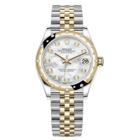 Réplique Rolex Datejust 31 Montre pour femme en acier inoxydable et or jaune avec cadran en nacre et lunette en diamant bombée M278343RBR-0028