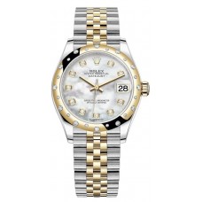 Réplique Rolex Datejust 31 Montre pour femme en acier inoxydable et or jaune avec cadran en nacre et lunette en diamant bombée M278343RBR-0028