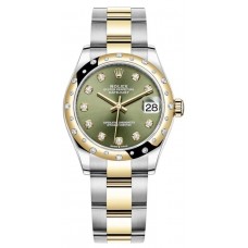 Réplique Rolex Datejust 31 Montre pour femme en acier inoxydable et or jaune avec cadran diamant vert olive et lunette bombée en diamant M278343RBR-0029