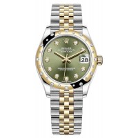 Réplique Rolex Datejust 31 Montre pour femme en acier inoxydable et or jaune avec cadran diamant vert olive et lunette bombée en diamant M278343RBR-0030