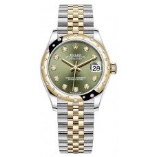 Réplique Rolex Datejust 31 Montre pour femme en acier inoxydable et or jaune avec cadran diamant vert olive et lunette bombée en diamant M278343RBR-0030