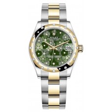 Réplique Rolex Datejust 31 en acier inoxydable et or jaune, cadran en diamant à motif floral vert olive, lunette en diamant bombée, montre pour femme M278343RBR-0031