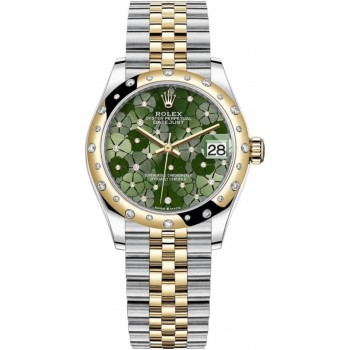 Réplique Rolex Datejust 31 en acier inoxydable et or jaune, cadran en diamant à motif floral vert olive, lunette en diamant bombée, montre pour femme M278343RBR-0032