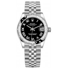 Réplique Montre pour femme Rolex Datejust 31 en acier inoxydable et or blanc avec cadran romain noir et lunette en diamant bombée M278344RBR-0002