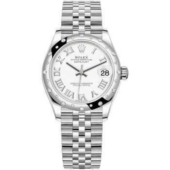 Réplique Montre pour femme Rolex Datejust 31 en acier inoxydable et or blanc avec cadran romain blanc et lunette en diamant bombée M278344RBR-0012