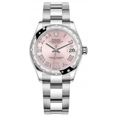 Réplique Rolex Datejust 31 Montre pour femme en acier inoxydable et or blanc à pavé rose avec cadran romain et lunette en diamant bombée M278344RBR-0025