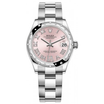 Réplique Rolex Datejust 31 Montre pour femme en acier inoxydable et or blanc à pavé rose avec cadran romain et lunette en diamant bombée M278344RBR-0025