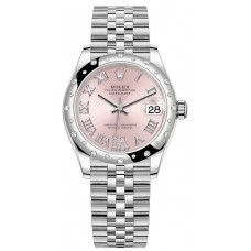 Réplique Rolex Datejust 31 Montre pour femme en acier inoxydable et or blanc à pavé rose avec cadran romain et lunette en diamant bombée M278344RBR-0026