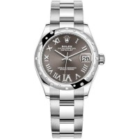 Réplique Rolex Datejust 31 Montre pour femme en acier inoxydable et or blanc, pavé gris foncé, cadran romain, lunette bombée en diamant, M278344RBR-0029