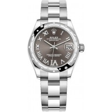 Réplique Rolex Datejust 31 Montre pour femme en acier inoxydable et or blanc, pavé gris foncé, cadran romain, lunette bombée en diamant, M278344RBR-0029