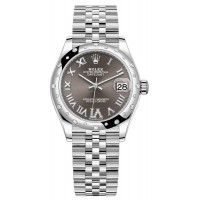 Réplique Rolex Datejust 31 Montre pour femme en acier inoxydable et or blanc, pavé gris foncé, cadran romain, lunette bombée en diamant, M278344RBR-0030