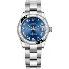 Réplique Montre pour femme Rolex Datejust 31 en acier inoxydable et or blanc avec cadran romain bleu et lunette en diamant bombée M278344rbr-0035