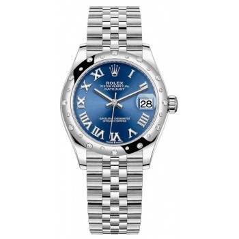 Réplique Montre pour femme Rolex Datejust 31 en acier inoxydable et or blanc avec cadran romain bleu et lunette en diamant bombée M278344RBR-0036