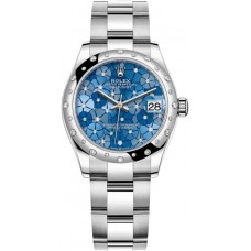 Réplique Rolex Datejust 31 en acier inoxydable et or blanc Cadran diamant à motif floral bleu azzurro Lunette diamant bombée Montre pour femme M278344RBR-0037