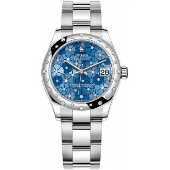 Réplique Rolex Datejust 31 en acier inoxydable et or blanc Cadran diamant à motif floral bleu azzurro Lunette diamant bombée Montre pour femme M278344RBR-0037