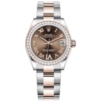 Réplique Rolex Datejust 31 Montre pour femme en acier inoxydable et or rose pavé de chocolat avec cadran romain et lunette en diamant M278381RBR-0005