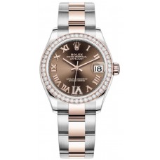 Réplique Rolex Datejust 31 Montre pour femme en acier inoxydable et or rose pavé de chocolat avec cadran romain et lunette en diamant M278381RBR-0005