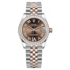 Réplique Rolex Datejust 31 Montre pour femme en acier inoxydable et or rose pavé de chocolat avec cadran romain et lunette en diamant M278381RBR-0006