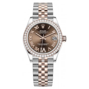 Réplique Rolex Datejust 31 Montre pour femme en acier inoxydable et or rose pavé de chocolat avec cadran romain et lunette en diamant M278381RBR-0006