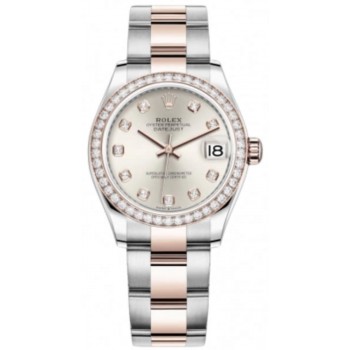 Réplique Rolex Datejust 31 Montre pour femme en acier inoxydable et or rose avec cadran en diamant argenté et lunette en diamant M278381RBR-0015