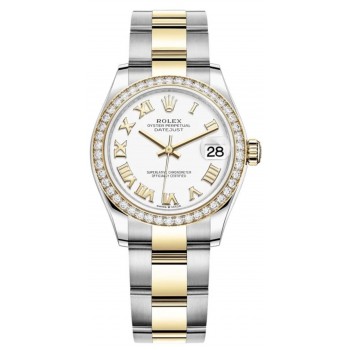 Réplique Montre pour femme Rolex Datejust 31 en acier inoxydable et or jaune avec cadran romain blanc et lunette en diamant M278383RBR-0001