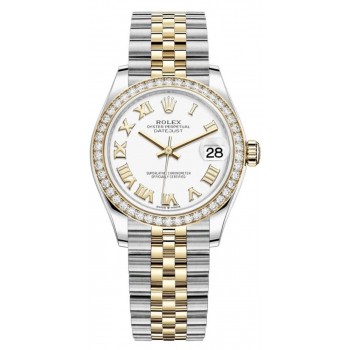 Réplique Montre pour femme Rolex Datejust 31 en acier inoxydable et or jaune avec cadran romain blanc et lunette en diamant M278383RBR-0002