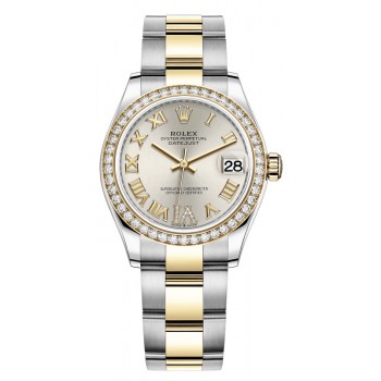 Réplique Rolex Datejust 31 Montre pour femme en acier inoxydable et or jaune, pavé d'argent, cadran romain, lunette en diamant, M278383RBR-0003