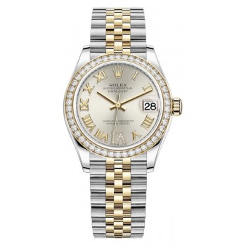 Réplique Rolex Datejust 31 Montre pour femme en acier inoxydable et or jaune et argent pavé de cadran romain et lunette en diamant M278383RBR-0004