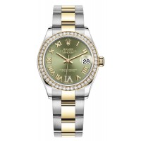 Réplique Rolex Datejust 31 Montre pour femme en acier inoxydable et or jaune à pavé vert olive avec cadran romain et lunette en diamant M278383RBR-0015