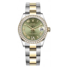 Réplique Rolex Datejust 31 Montre pour femme en acier inoxydable et or jaune à pavé vert olive avec cadran romain et lunette en diamant M278383RBR-0015