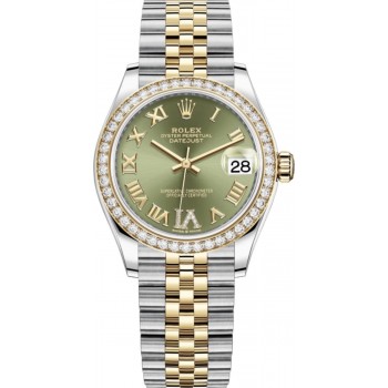 Réplique Rolex Datejust 31 Montre pour femme en acier inoxydable et or jaune à pavé vert olive avec cadran romain et lunette en diamant M278383RBR-0016