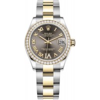 Réplique Rolex Datejust 31 Montre pour femme en acier inoxydable et or jaune à pavé gris foncé avec cadran romain et lunette en diamant M278383RBR-0017