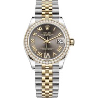 Réplique Rolex Datejust 31 Montre pour femme en acier inoxydable et or jaune, pavé gris foncé, cadran romain, lunette en diamant, M278383RBR-0018