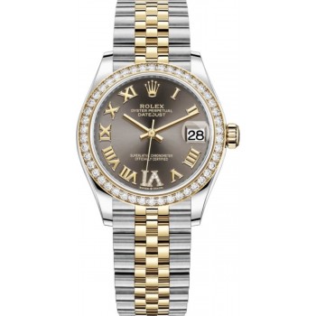 Réplique Rolex Datejust 31 Montre pour femme en acier inoxydable et or jaune, pavé gris foncé, cadran romain, lunette en diamant, M278383RBR-0018